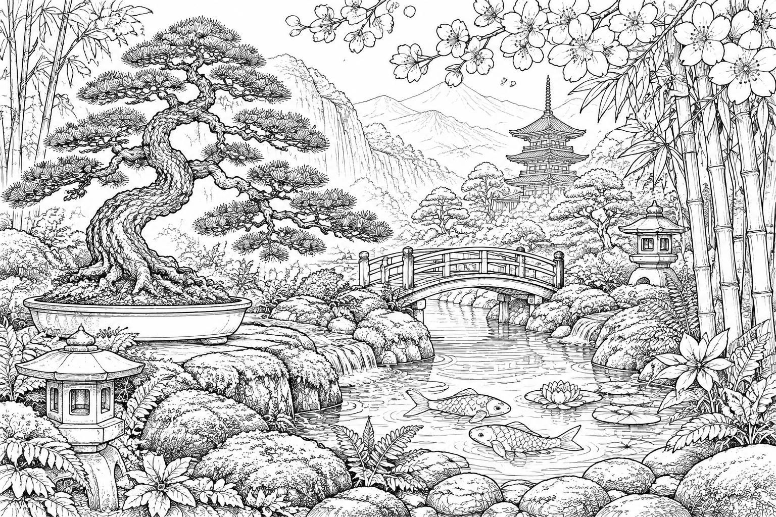 Illustration de voyage inspirée du Japon pour un coloriage adulte