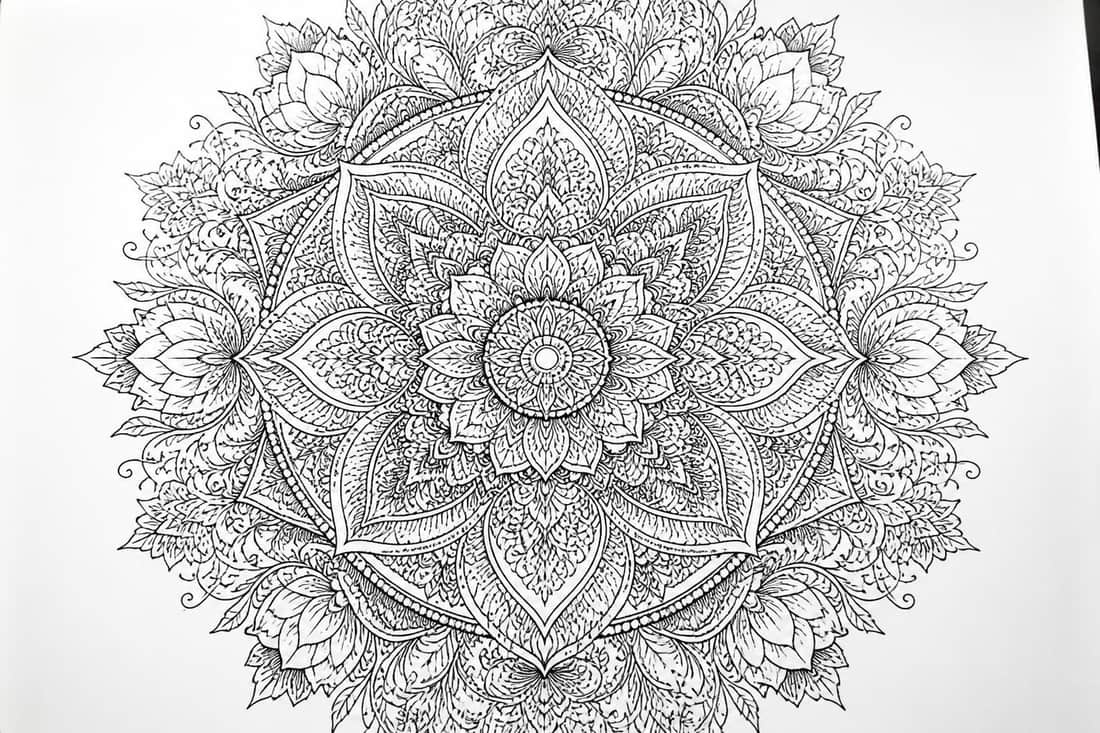 Livre de coloriage pour adultes ouvert sur un mandala à moitié colorié, crayons de couleur posés à côté